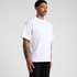 A white t-shirt with a loose fit, featuring a simple design and a logo on one side.