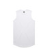 A plain white sleeveless tank top with a rounded hem and a logo on the tag.