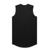 A black sleeveless tank top with a curved hem and a logo on the back.