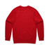 A red jumper with long sleeves and a round neckline, featuring a plain back and a logo.