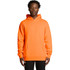 An orange hoodie with a front pocket and a hood, featuring a logo on the chest.