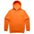 An orange hoodie with a front pocket and a hood, featuring a logo on the chest.