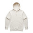 A cream-coloured hoodie with a front pocket and a drawstring hood. It features a logo on the front.