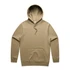 A tan hoodie featuring a kangaroo pocket and an adjustable drawstring hood, with a logo present.