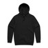 A black hoodie featuring a front pocket and drawstring hood, with a logo on the design.