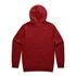 A red hoodie with a hood and long sleeves, featuring a plain back design and a logo.