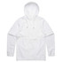 A white windbreaker jacket with a hood and front pocket. Features a logo on the chest.