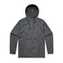 A grey windbreaker jacket with a hood and a front pocket, featuring a logo on the chest.