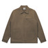 A heavy canvas jacket in a muted brown colour, featuring a zip front, two front pockets, and a chest pocket.