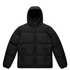 A black hooded puffer jacket with a zip front and two front pockets, featuring a logo.