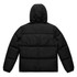 A hooded puffer jacket in black, featuring a quilted design and a logo on the back.