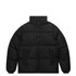 A black puffer jacket with a high collar and zip closure, featuring two side pockets.