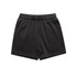 Black relaxed track shorts with an elastic waistband and drawstring, featuring a simple design and a logo.