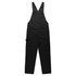Black canvas overalls with adjustable straps and multiple pockets, featuring a logo on the fabric.