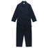 Navy blue canvas coveralls with long sleeves, a zippered front, and a chest pocket, featuring a branding label.