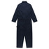 Navy blue canvas coveralls with long sleeves and a drawstring waist, featuring multiple pockets.