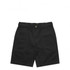 Black canvas shorts with a waistband and pockets, featuring a logo on the side. Designed as dress shorts.