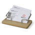 A bamboo business card stand with a silver metal holder, displaying several business cards in a neat arrangement.