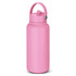 A drink bottle in a vibrant pink shade with a flip-top lid and a handle for easy carrying. It features a logo.