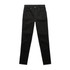 A pair of black skinny jeans with a front button closure and five pockets. The jeans have a branding logo.