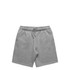 Grey track shorts with an elastic waistband and drawstring, featuring a logo.