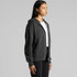 A dark grey zip hoodie features a hood and front pockets, with casual styling and a relaxed fit.