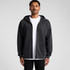 A person wearing a black zip-up hoodie with a front zip and an attached hood, featuring a logo.