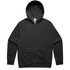 A black zip-up hoodie featuring a hood, long sleeves, and a front pouch pocket. It has a logo on the label.