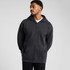 A dark grey zip-up hoodie with a hood, featuring a front pocket and a minimalist design.