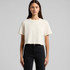 A cropped cream T-shirt with short sleeves, displayed on a model wearing black jeans. The shirt has a logo.