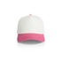 A two-tone cap featuring a white upper and a pink brim, complete with a logo.
