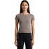 A fitted organic rib tee in a muted taupe colour, featuring short sleeves and a round neckline, shown on a model.