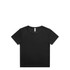 A black organic rib T-shirt featuring a round neckline and short sleeves, with a logo on the label.