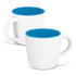 A drinkware coffee mug featuring a white exterior with a contrasting blue interior and rim. Includes a handle and logo.
