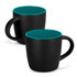 A drinkware set featuring two-tone mocha coffee mugs, with a matte black exterior and a teal interior.