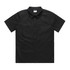 A black button-up shirt with a collar and short sleeves, featuring a front button closure and a pocket.