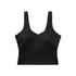 A black active bra tank with a v-neck design and wide straps, featuring a logo.
