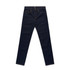 Dark denim jeans featuring a classic five-pocket design and a branded logo on the waistband.