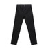 Black jeans with a straight-leg fit, featuring front pockets and a branding label on the waistband.