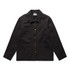 A black canvas chore jacket featuring a collared neckline, front buttons, and multiple pockets. It has a logo on the label.