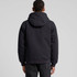 A black canvas bomber hood jacket featuring a hood and a simple design, with a logo on the back.