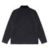 A black canvas collar jacket with a button-up front and a collar, featuring a logo on the back.