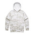 A camo-patterned hoodie in shades of white and light grey, featuring a hood and front pocket. It has a logo.