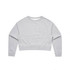 A grey cropped sweater with long sleeves, featuring a simple design and a logo on the label.