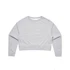 A grey cropped crew jumper with long sleeves and a ribbed hem. It features a branding logo.