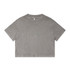 A cropped grey T-shirt with a simple design and a round neckline, featuring a branding logo.