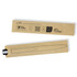 A metal pen featuring a sleek design, presented in eco-friendly packaging with a logo. The pen is silver in colour.