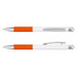 A metal pen in white with an orange grip and silver accents, featuring a clip and branding.