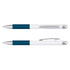 A metal pen with a blue and white design, featuring a silver clip and trim. It has branding on its body.