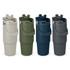 A drink bottle featuring a lid with a handle, available in four colours: beige, olive green, navy blue, and dark grey.